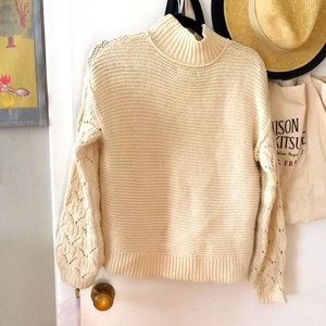Ivory cream knit balloon sleeve mock neck sweater